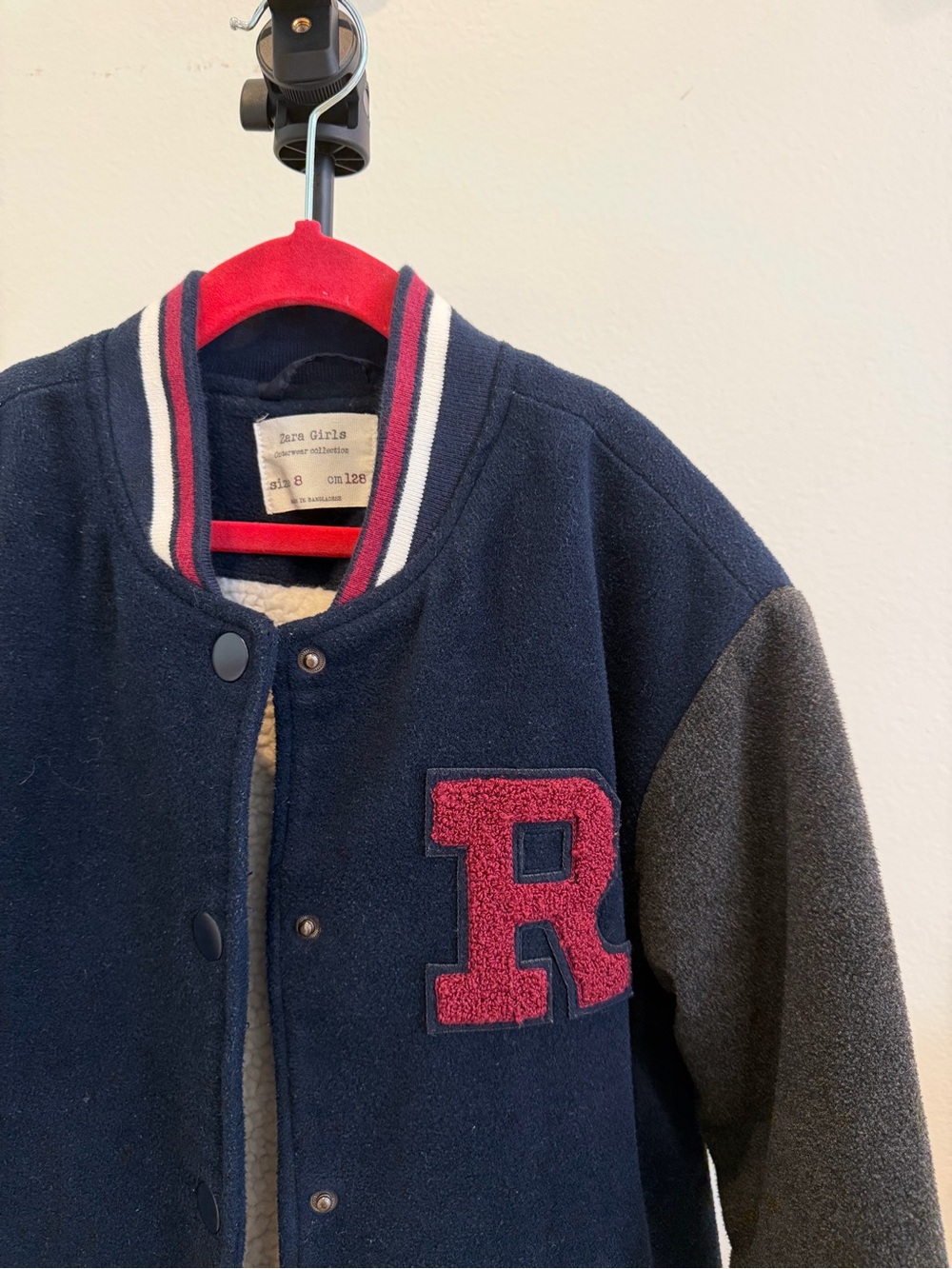 Zara Girls Navy & Charcoal Varsity Jacket with Red 'R' Patch - Picture 2 of 7